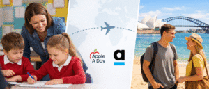 Split-Panel Image Showing A Uk Classroom, A Flight Path On A World Map, And Teachers On A Sunny Australian Beach With Sydney Landmarks, Highlighting The Apple A Day And Anzuk Education Partnership.
