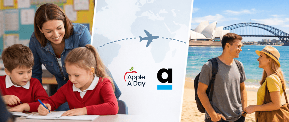 Split-panel image showing a UK classroom, a flight path on a world map, and teachers on a sunny Australian beach with Sydney landmarks, highlighting the Apple A Day and ANZUK Education partnership.